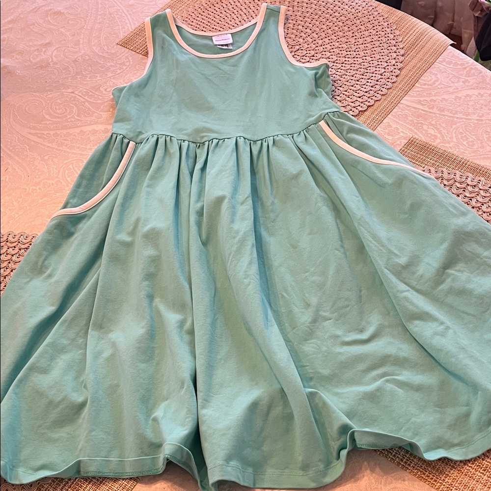 Hanna Andersson Aqua Sleeveless Kids Dress Cotton with Pockets in EUC!